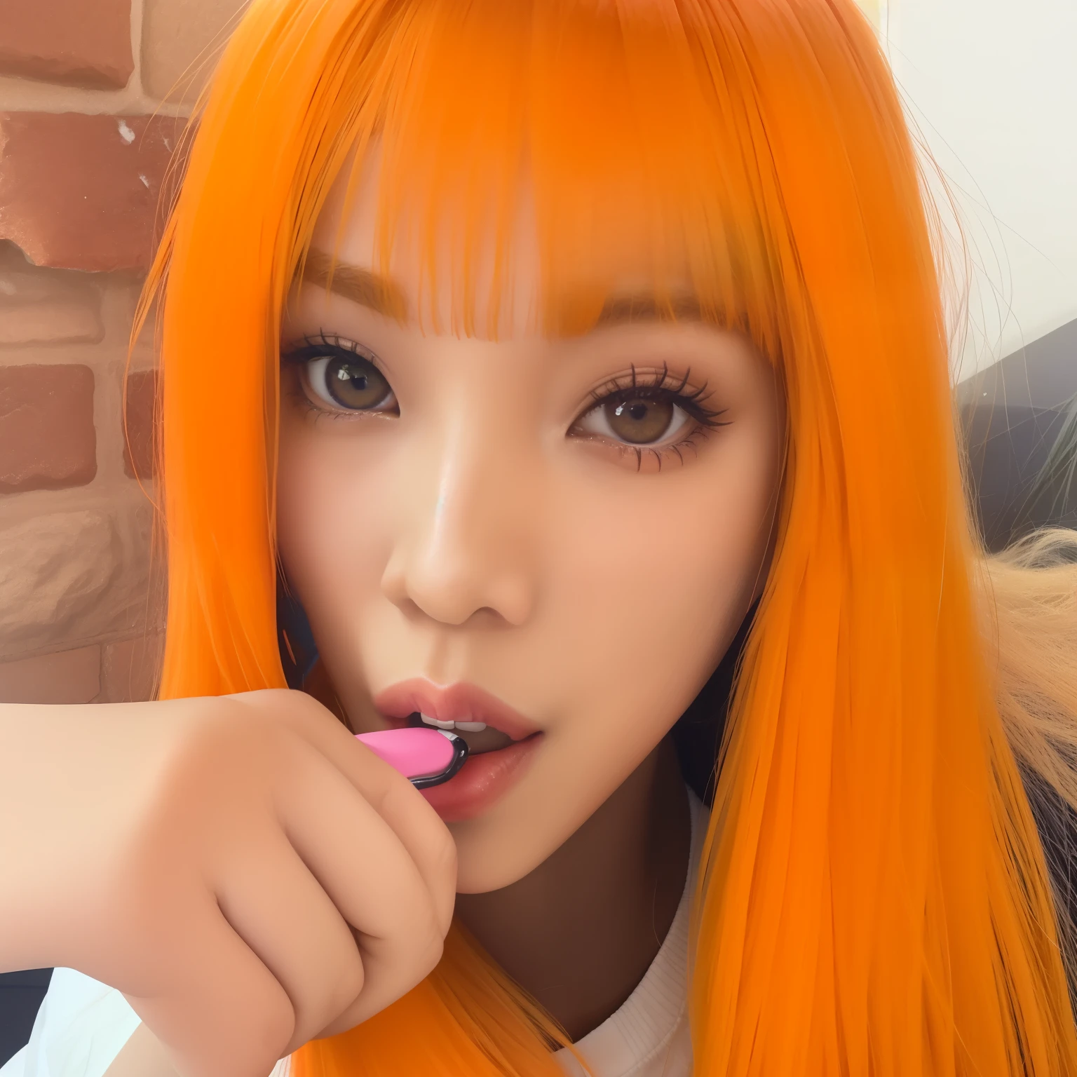 there is a woman with orange hair brushing her teeth, orange hair, cabelo laranja brilhante, O corte Hime, jossi do blackpink, Lalisa Manoban do Blackpink, bright orange hair, Lalisa Manobal, Dom Yunjoo, Parque Roseanne do Blackpink, long orange hair, Ulzzang, laranja extremamente coerente, pele laranja fofa, orange flowing hair