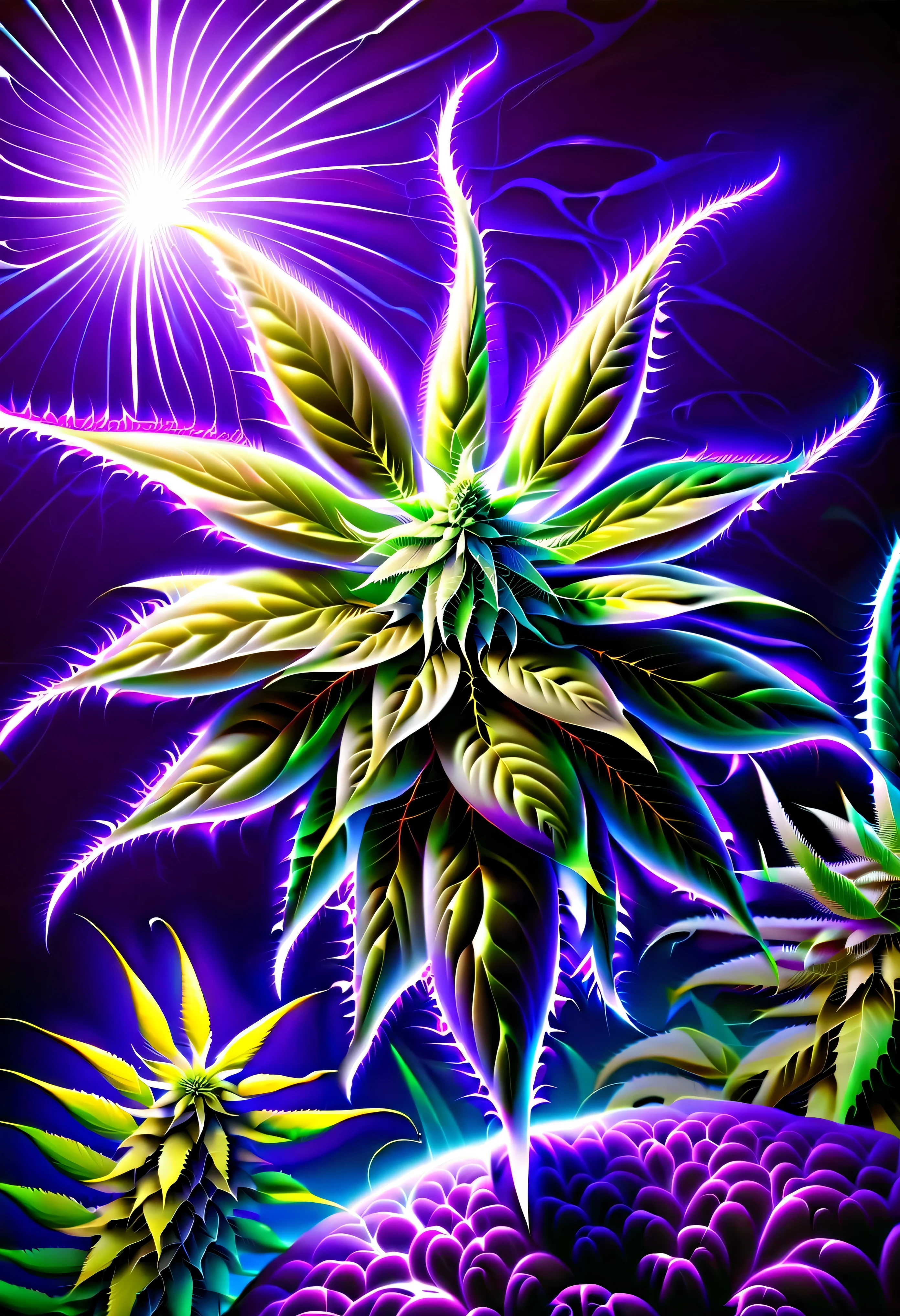 pintura cgi abstrata, epic surreal cannabis flower, divino, plantas de fantasia sombria, beauty glow neuron fruit, flores bioluminescentes ao redor, mundo escuro do mundo maravilhoso, bioluminescent radiation, many cannabis flowers have a vision, vision of many cynicisms, loucura, frenesi, flor louca, Arrebatamento, brilho do fanatismo, oil painting, spatula and brush strokes supplement, intrincado, maluco, brilho de beleza assustador, alto contraste, profundidade do mar inspirada, cores escuras ricas, high resolution, hyper realistic, trabalho de pincel de detalhe, stunning intrincado detail 8k rendering, alta qualidade, Qualidade Superior, best quality, verdadeira obra-prima, masterpiece lighting, cinematic angle, glass floor, (cannabis flower), (muito purple neon)