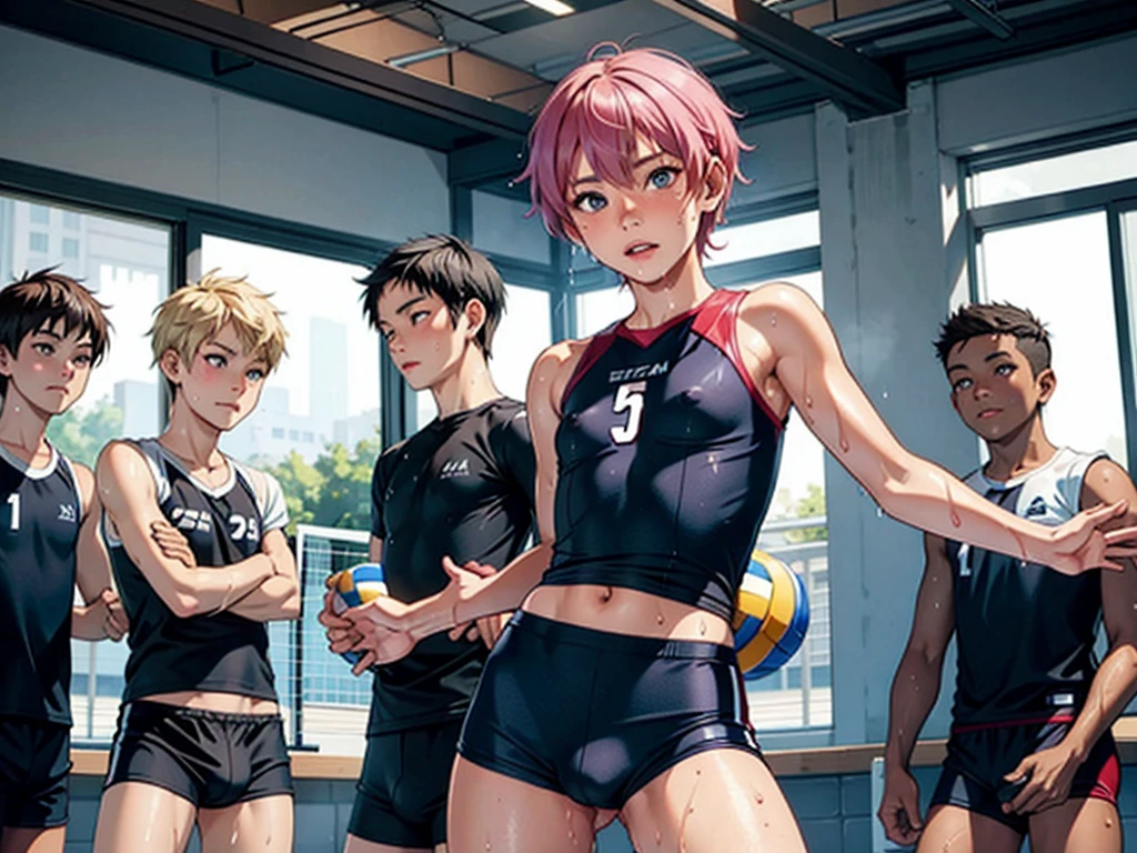 masterpiece, best quality, high resolution, ultra-detailed, perfect face, slender perfect body, Tight belly, Toned buttocks, Constricted waist,(((5 boys to race))), ,(pink:-1.5) (blue:-1.5) hair, (braided short hair), shy son, short stature, small tits, (indoor volleyball court), (volleyball athlete), small tits, short pants spats show off, short pants, spats, focus, looking at viewer, (wet:1.4) hair and skin, volleyball,((covered erectile nipples clothes)),((very wide shot )),(back shot)
