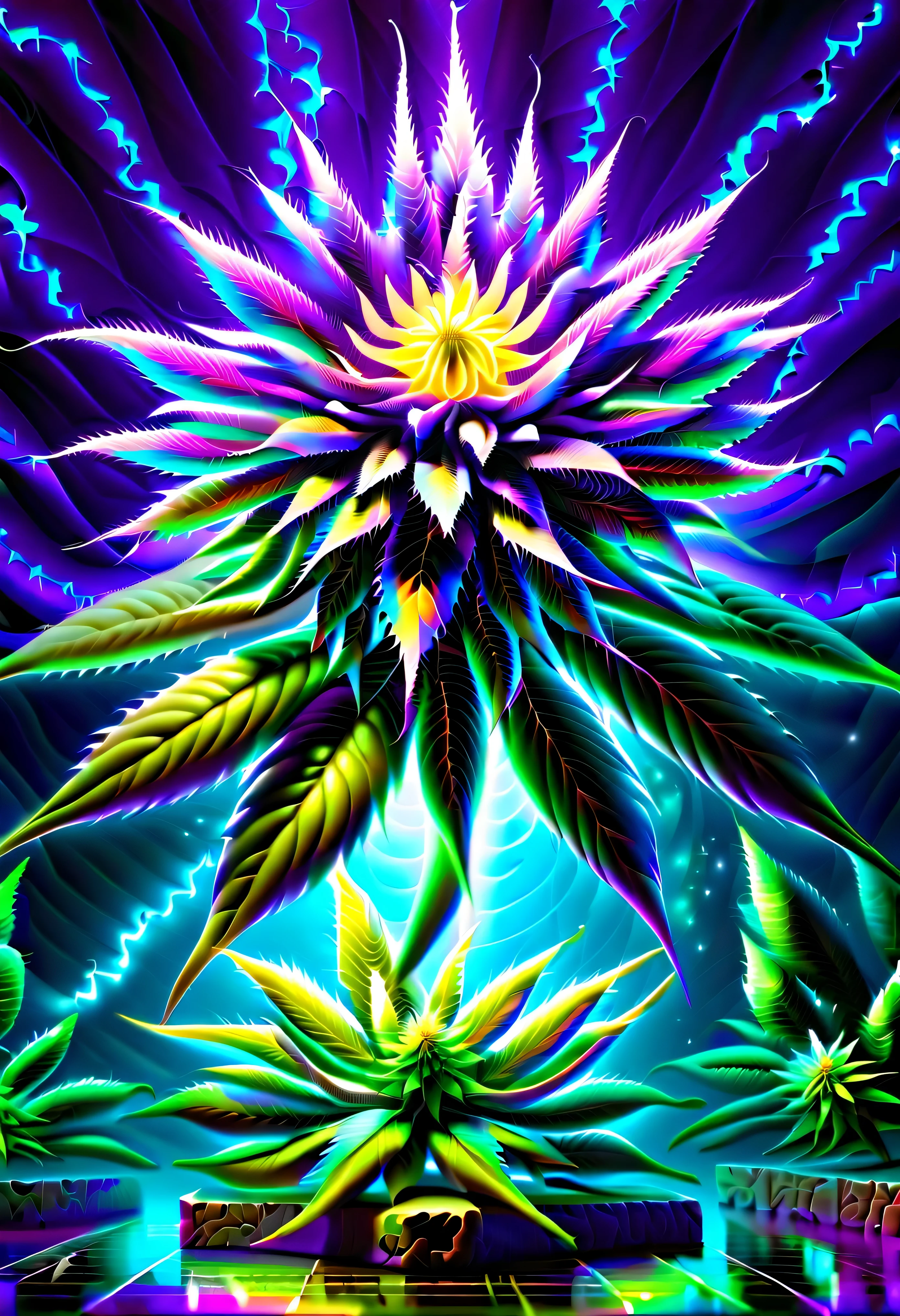 pintura cgi abstrata, epic surreal cannabis flower, divino, plantas de fantasia sombria, beauty glow neuron fruit, flores bioluminescentes ao redor, mundo escuro do mundo maravilhoso, bioluminescent radiation, many cannabis flowers have a vision, vision of many cynicisms, loucura, frenesi, flor louca, Arrebatamento, brilho do fanatismo, oil painting, spatula and brush strokes supplement, intrincado, maluco, brilho de beleza assustador, alto contraste, profundidade do mar inspirada, cores escuras ricas, high resolution, hyper realistic, trabalho de pincel de detalhe, stunning intrincado detail 8k rendering, alta qualidade, Qualidade Superior, best quality, verdadeira obra-prima, masterpiece lighting, cinematic angle, glass floor, (cannabis flower), (muito purple neon)