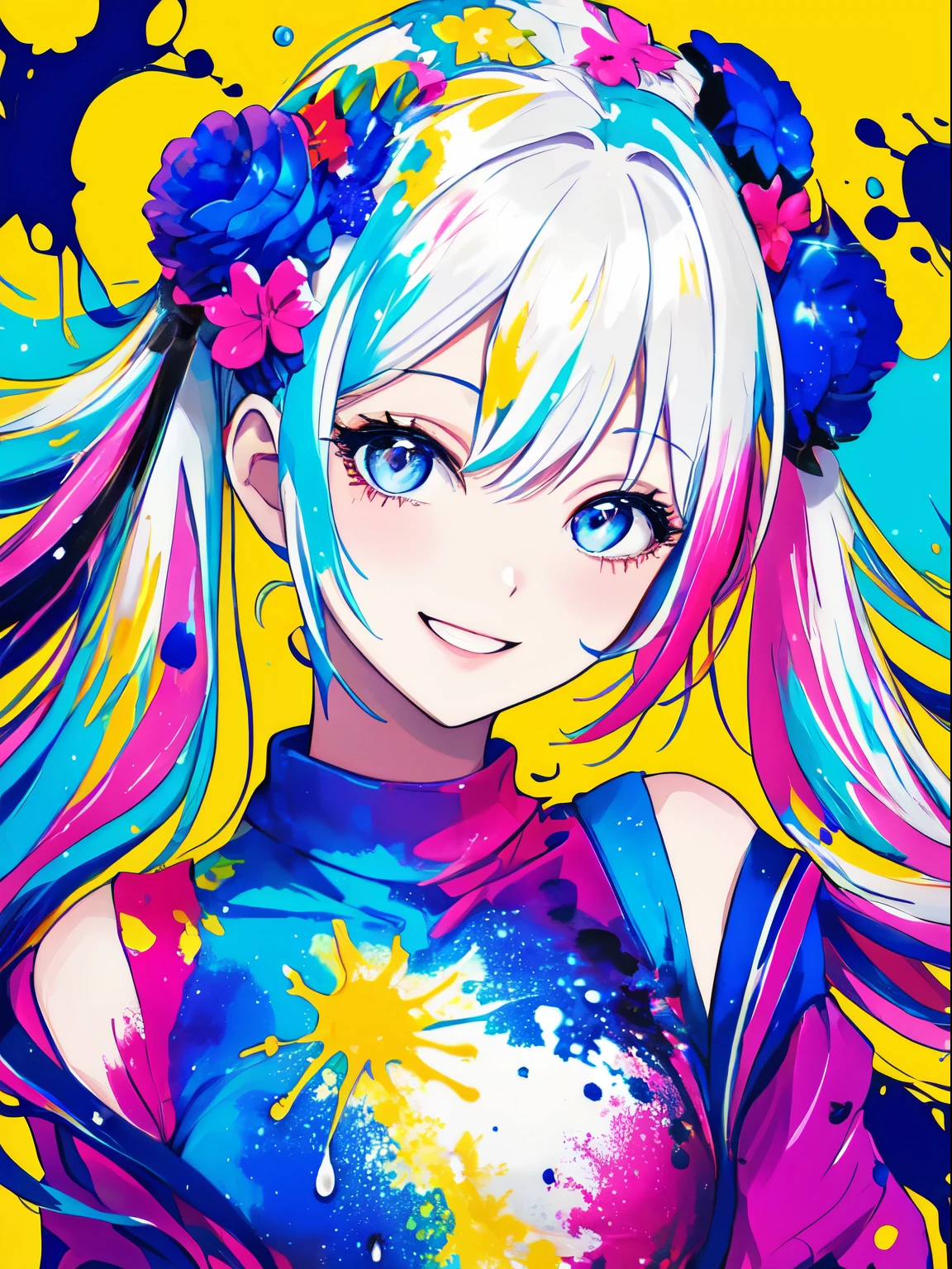 A bright and sparkling girl, Smile, Happy, Attractive, Cool, Fashionable, Beautiful, masutepiece, Best Quality, Rich color background, Attractive background, Colorful background, splashed color, Splash paint
