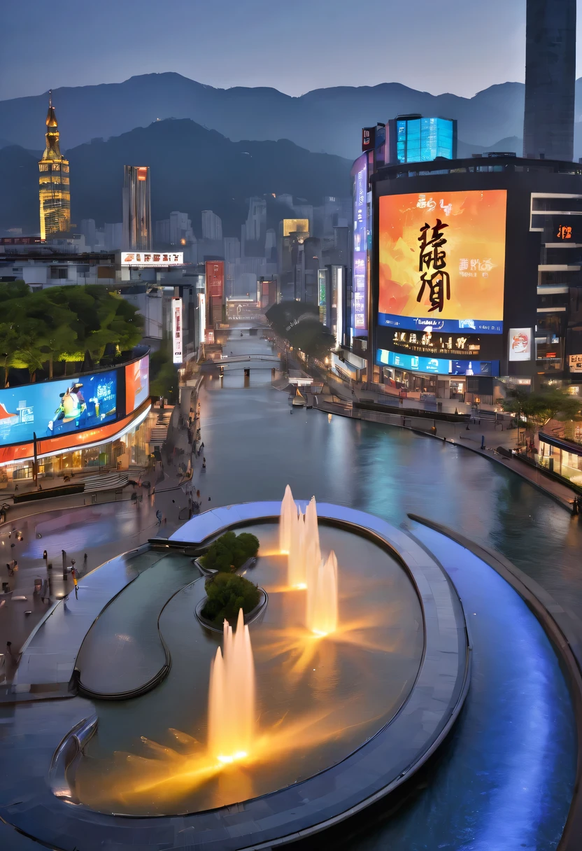 Spectacular的城市夜景,centre,The fountain, Escultura,neonlight,advertising billboard,Lead,Spectacular