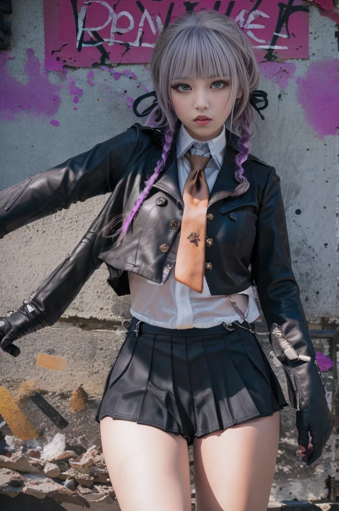 photo realistic, masterpiece, realistic, high contrast, hyper detailed, best quality, ultra high res, photo realistic, high resolution, detailed, raw photo, kirigiri kyoko, Long hair, Purple hair, Side braid, Blunt bangs, Hair Ribbon, a black ribbon, High collar, Brown tie, black leather motorcycle jacket, Long sleeves, Black leather Gloves, Black mini skirt, Pleated skirt, Black long boots, Full Shot, Danganronpa \(Series\), Street, Full Shot, Looking at Viewer, White shirt, woman, (((from below))), busy city, foreshortening, (seductive pose), looking at viewer, mad, (eye contact), japanese girl,
