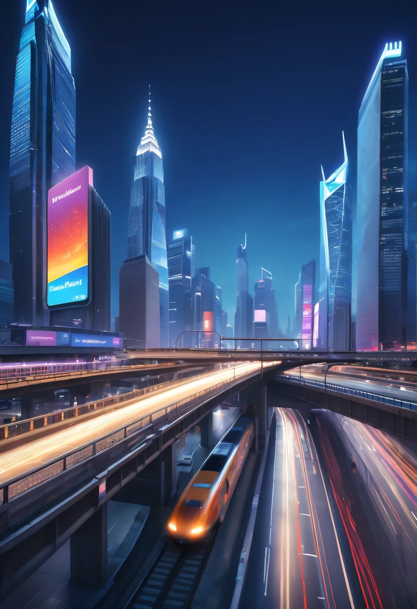 (Best quality at best,A high resolution,tmasterpiece:1.2),ultra - detailed,actual,view over city,nighttime scene,Beautiful lighting,glowing,Touching,Architectural marvel,overpass,skylines,skyscrapper,Towering,illuminated,neonlight,Signs,bustling,Fast-paced,modern,Uptrend,,Metropolitan,Transportation hub,High-speed trains,Headlights shine,Metallic,Whistling by,Streaming,Full of prunes,sport,Exciting,Thrilling,advertising billboard,catchy slogan,vivd colour,LEADER,magnifica