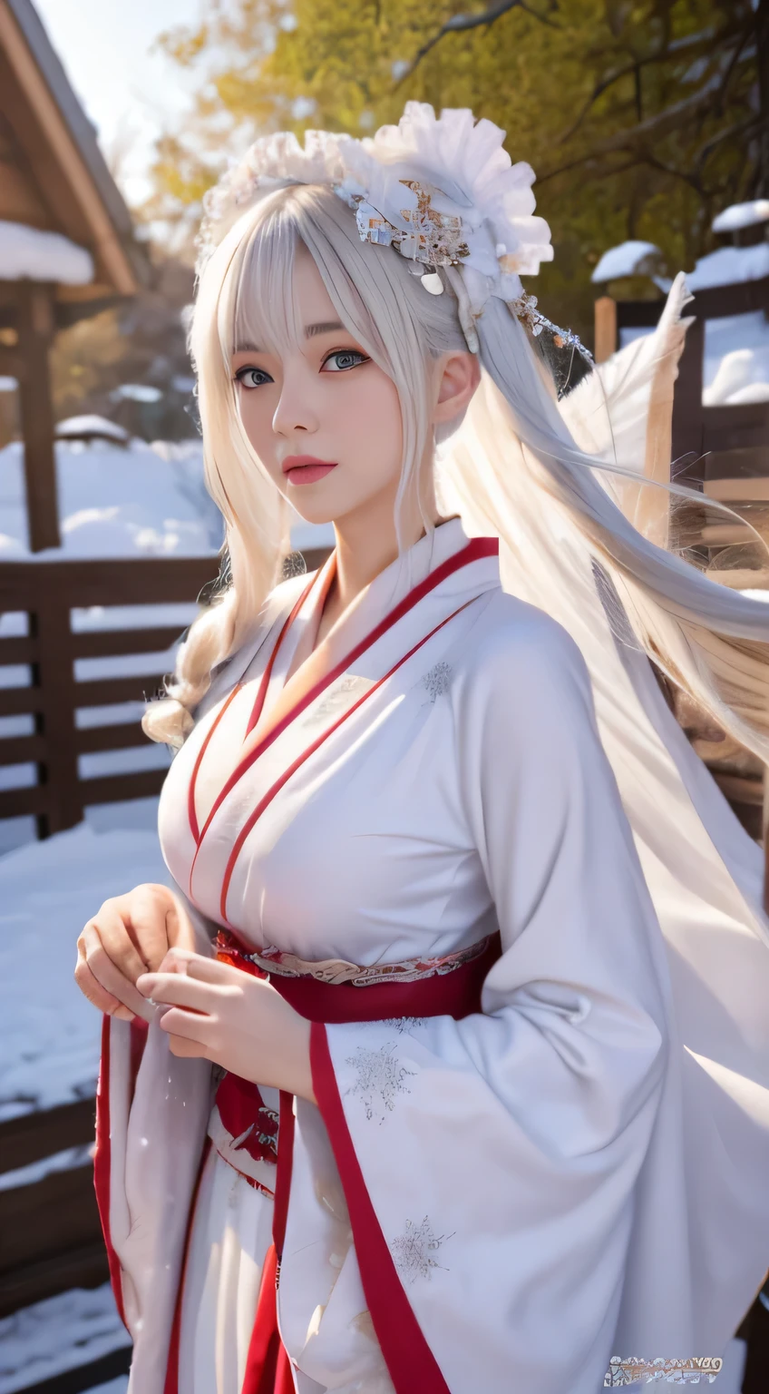Photorealistic, High resolution, 1 Women, Solo, hips up high,(Lolita costume), Beautiful eyes, White hair, Ringed Eyes, (Yuki,cloaks,)、Japanese new year kimono、It's snowing、large full breasts