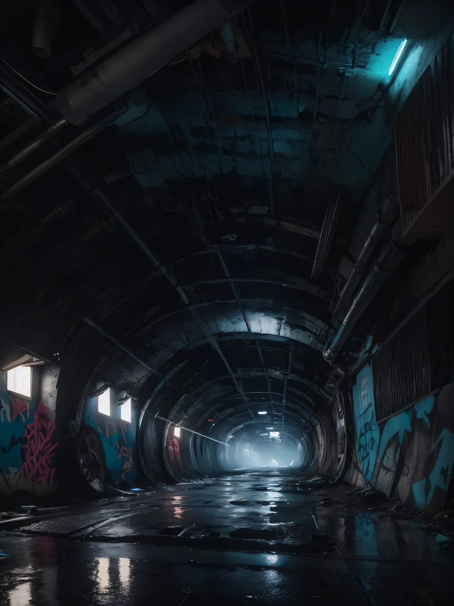 A small concrete tunnel covered in spray paint graffiti, small puddle with reflection, low camera angle, tunnel luminated with blue florescent light, cracked concrete, debris and garbage scattered realistically, dirty concrete, cinematic light, 4k,realism, graffiti, a gorgeous woman in baggy ripped jeans and a white tanktop stands in the far end of the tunnel luminated, crystal clear image,