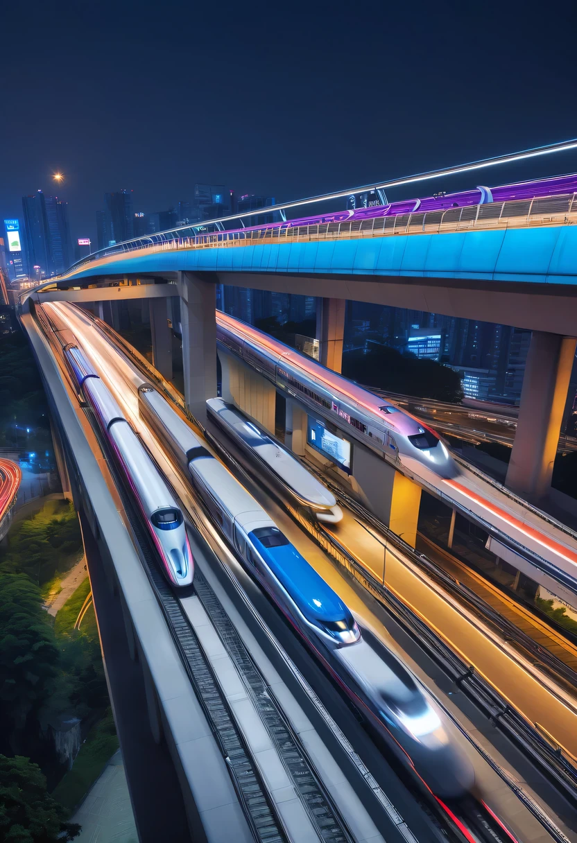 Spectacular的城市夜景，overpass，High-speed trains，neonlight，advertising billboard，lead,Spectacular
