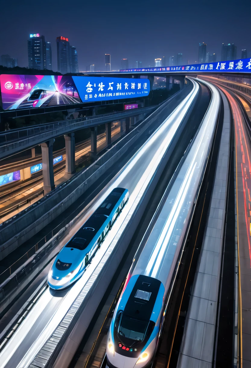 Spectacular的城市夜景，overpass，High-speed trains，neonlight，advertising billboard，lead,Spectacular