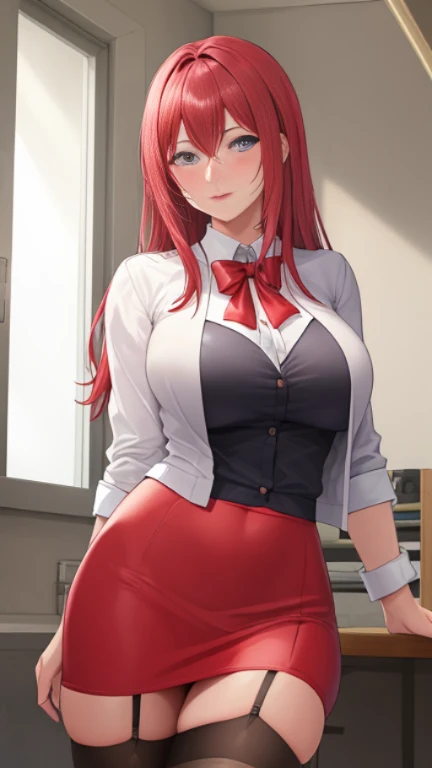 masterpiece, best quality, highres, best quality, highres, rias gremory, 1girl, long hair, fully unbottened school uniform, red hair, ahoge, blue eyes, large breasts, very long hair, breasts, see through bra, skirt, see through panties, huge ahoge, garterbelt with stocking, wet clothes, drenched clothes, outdoors, city background, no blurred background, smile, standing,