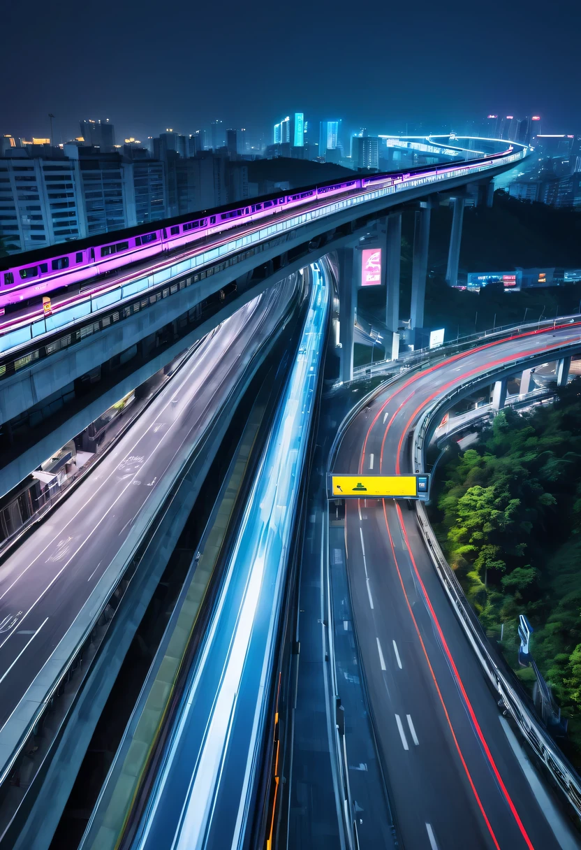 Spectacular的城市夜景,overpass,High-speed trains,neonlight,advertising billboard,lead,Spectacular