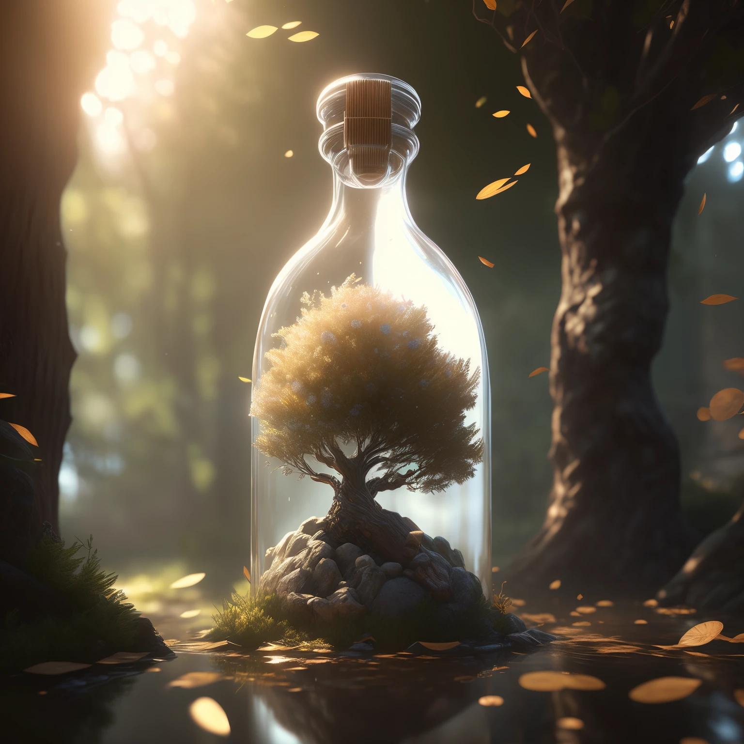 dreamlikeart tree in a bottle, fluffy, realistic, photo, canon, dreamlike, art, colorfull leaves and branches with flowers on top of its head. hyperdetailed photorealism by greg rutkowski - h 1024 w 804 | f 1 6 lens mark 2:2 s 3555 mm film grain :1 lifelike high res sharp focus contrast!! intricate detailed atmospheric light refraction lighting unreal engine 5 cinematic concept photography masterpiece octane render trending at cgsociety rendered as