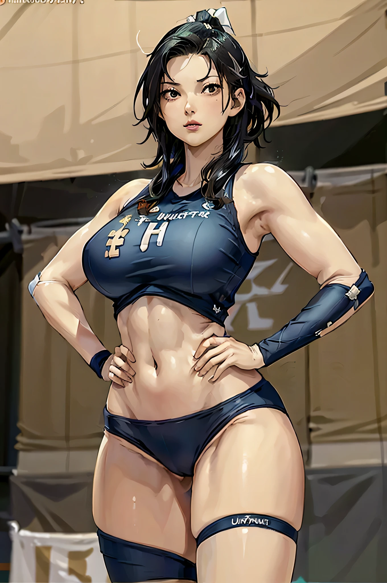 (mejor Quality, Obra maestra, mejor_Quality, Ultra detallado, mejor anatomy, inmaculado:1.3) 1girl, pecho enorme, cuerpo completo, Cara seductora, ombligo, muslos gruesos, caderas anchas, SFW, epopeya, pelo bombshell, pelo corto negro, Volleyball court backdrop, winking at the viewer, (Show the character from behind., frente a la cancha de voleibol), extendiendo su