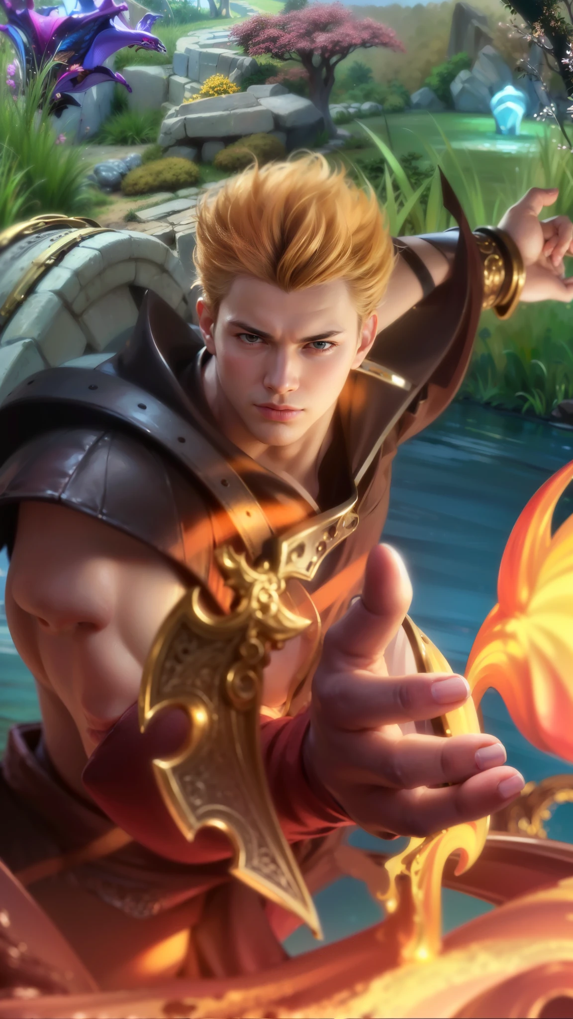 masculine male, masterpiece, ((perfect eyeest quality, (semirealism:1.9), beautiful lighting, (extremely detailed CG unity 4k fhd wallpaper), High Detail, Sharp focus, dramatic outdoors, 1 boy ,19 years old, brown hair, light purpel eyes.