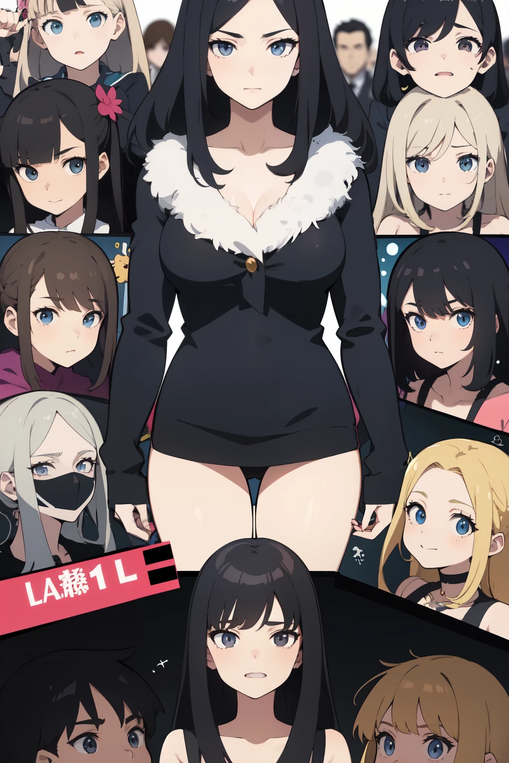 ((La mejor calidad)), ((Obra maestra)), (Detallado), personajes anime, blanco y negro, grupo de personas anime, different and unique designs, manga anime, portada manga anime, rostro perfecto, manos bien hechas, sin color, todo detallado, perfecto, calidad 1080p, chicos y chicas de apariencia misteriosa, varias personas posando para una foto grupal