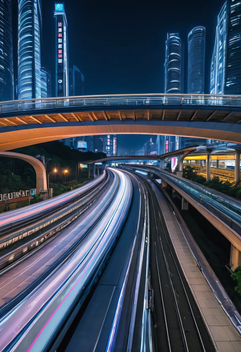 Spectacular的城市夜景，overpasullet train，neonlight，advertising billboard，Lead,Spectacular
