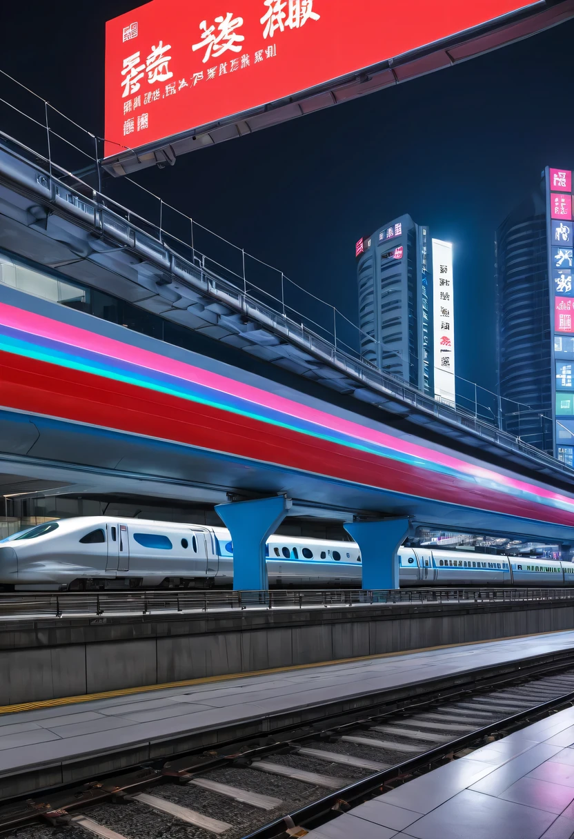 Spectacular的城市夜景，overpasullet train，neonlight，advertising billboard，Lead,Spectacular