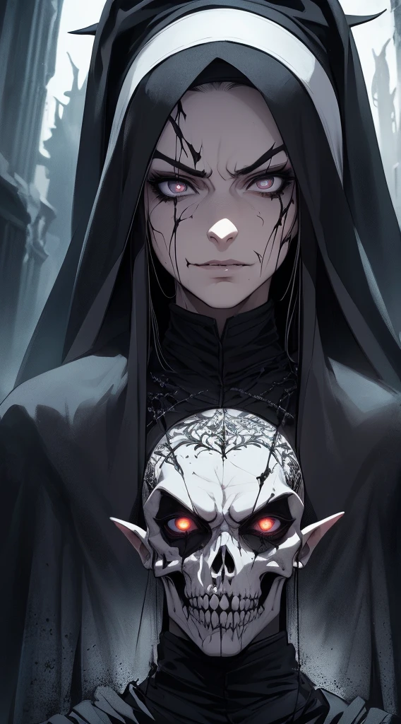 {-erro_de_anatomia:1.0} The Punisher, Nightmare before Christmas style, (masterpiece, best quality), (perfect hands), (hyper-realistic:1.6), (detailed face), (award-winning), (sharp), (8k resolution), (cinematic lighting), colors: dark and gloomy, (haunting), (intense expression), (detailed skull emblem), (eerie atmosphere), (comic book vibe),(gritty), (dramatic shadows), (dynamic pose), (ominous vibe), (artistically rendered), (sinister), (captivating), (gothic), (mysterious settinoody color palette), (expertly painted), (uneasy feeling), (intricate detailing), (sinister smile), (foreboding), (captivating eyes), (horror elements), (captivating composition), (impressive anatomy),(striking contrast), (foreboding mood), (exquisite craftsmanship), (intriguing character design), (nun), classic nun wear,  brown eyes,