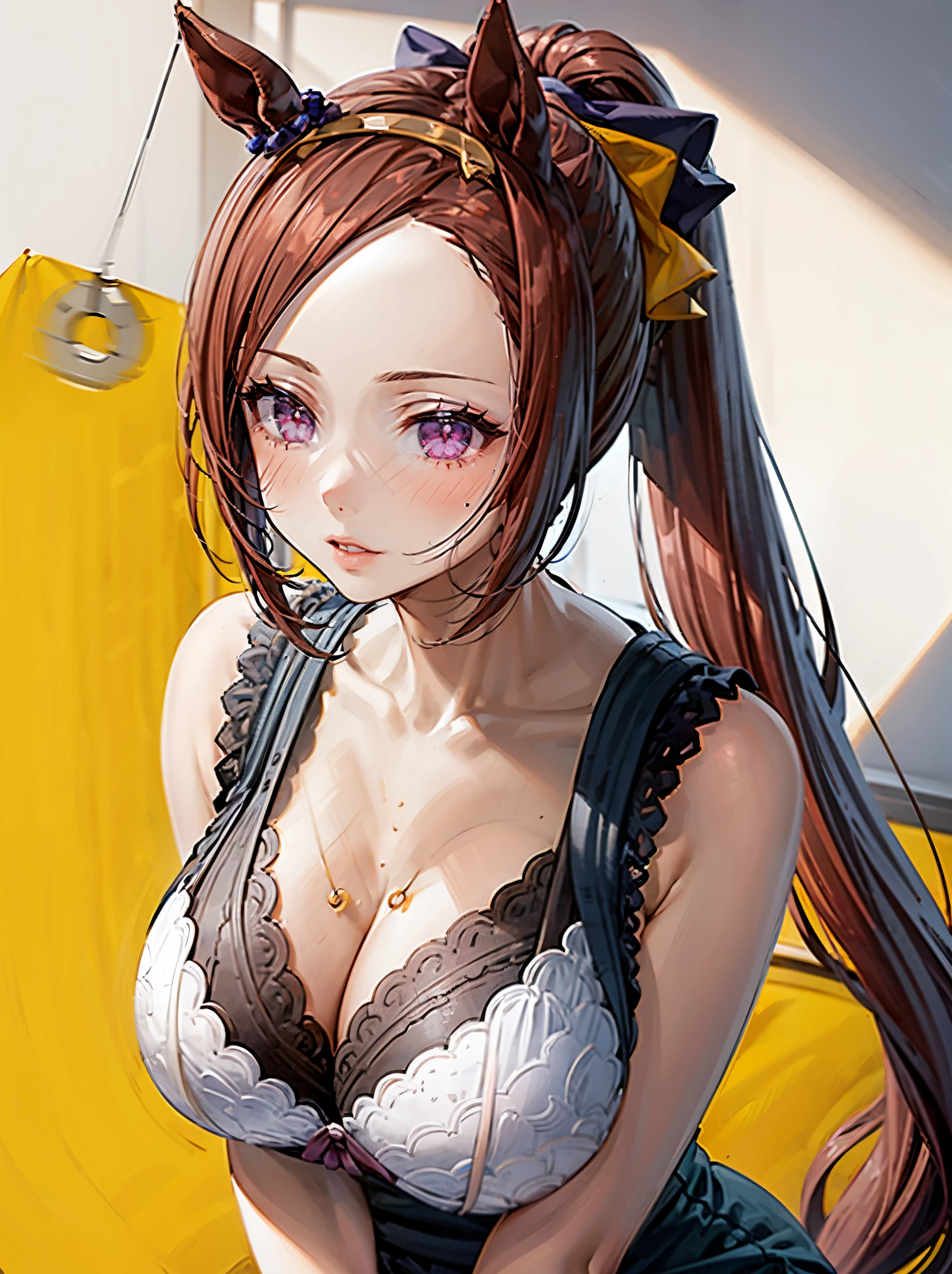 (coin), coin, pendulum, best quality,4k,8k,highres,(masterpiece:1.2),ultra-detailed,1girl, solo, sakura bakushin o \(umamusme\), horse ears, horse girl, purple eyes, high ponytail, parted bangs, ferehead, headband, woman, sexy, detailed, dazed expression, thick thighs, teacher, blazer, mature bra, cleavage, bra slipping, ponytail, (brown hair), school board background, large breasts, lips, solo,