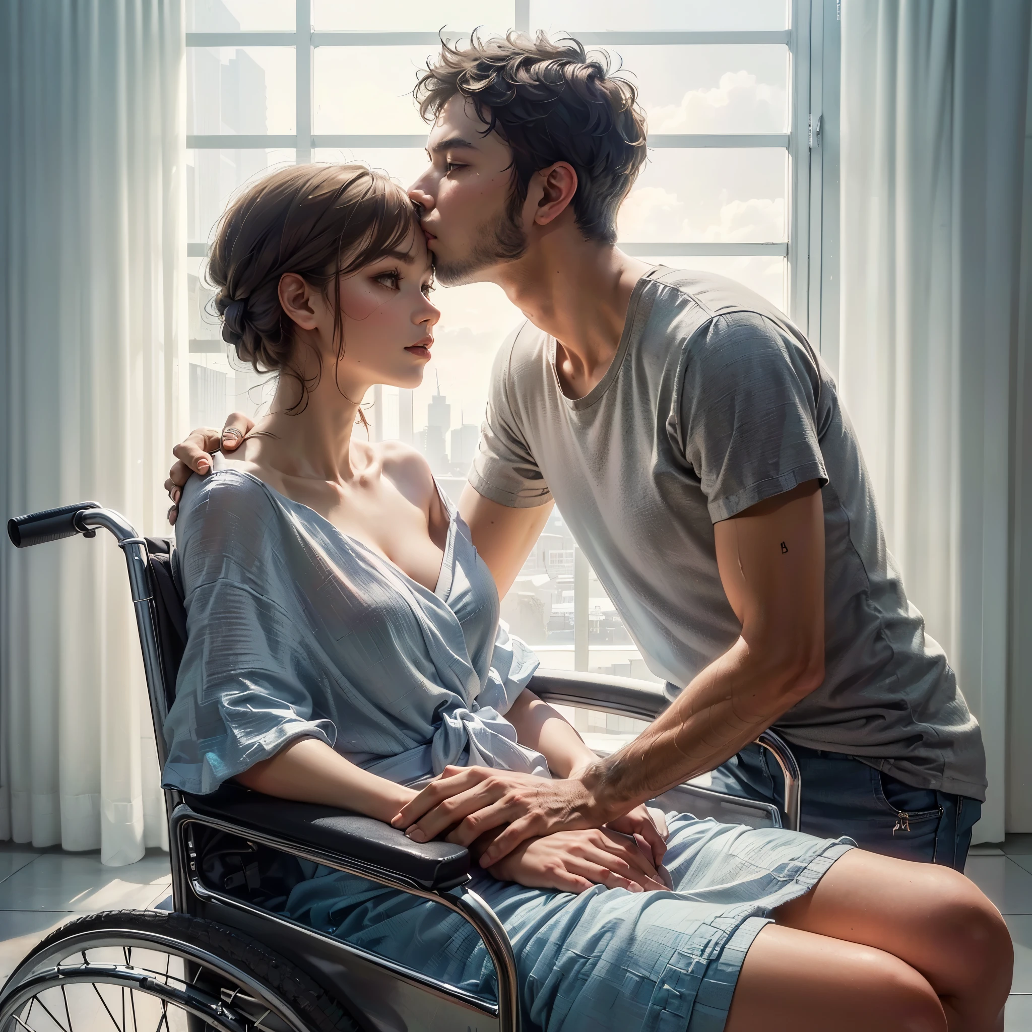 there is woman with large breast sit on wheelchair and there is (((hansome muscular masculine alpha male husband)) kiss her wife forehead, by Alexander Kucharsky, beautiful realistic photo, by Igor Grabar, by László Balogh, by Anton Fadeev, wadim kashin. ultra realistic, beautiful digital artwork, by Arik Brauer, by Hristofor Zhefarovich, by John La Gatta, awarded on cgsociety, cinematic cgsociety, masterpiece, best quality:1.2),,(8k,highres,RAW photo,realistic,photo-realistic:1.3),(detailed skin texture,detailed cloth texture,beautiful detailed face:1.25),professional lighting,photon mapping,beautiful soft light,radiosity,physically-based rendering,raytracing, model shoot style, model shoot style, (extremely detailed CG unity 8k wallpaper), full shot body photo of the most beautiful artwork in the world, ((cannon camera)), ((professional photoshoot)), (((nsfw))), (((show cleaveage)))