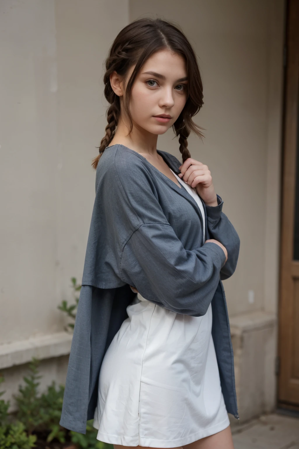 Beautiful, shy girl, short blue hair, a braid over the hair going to the side of her face, a short white dress with blue trim, a short coat with long sleeves, green eyes mixed with grey,