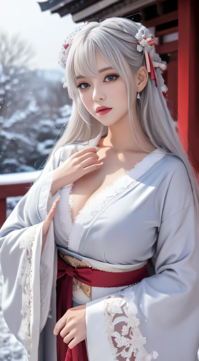 Photorealistic, High resolution, 1 Women, Solo, hips up high,(Lolita costume), Beautiful eyes, White hair, Ringed Eyes, (Yuki,cloaks,)、Japanese new year kimono、It's snowing、large full breasts、Gray hair