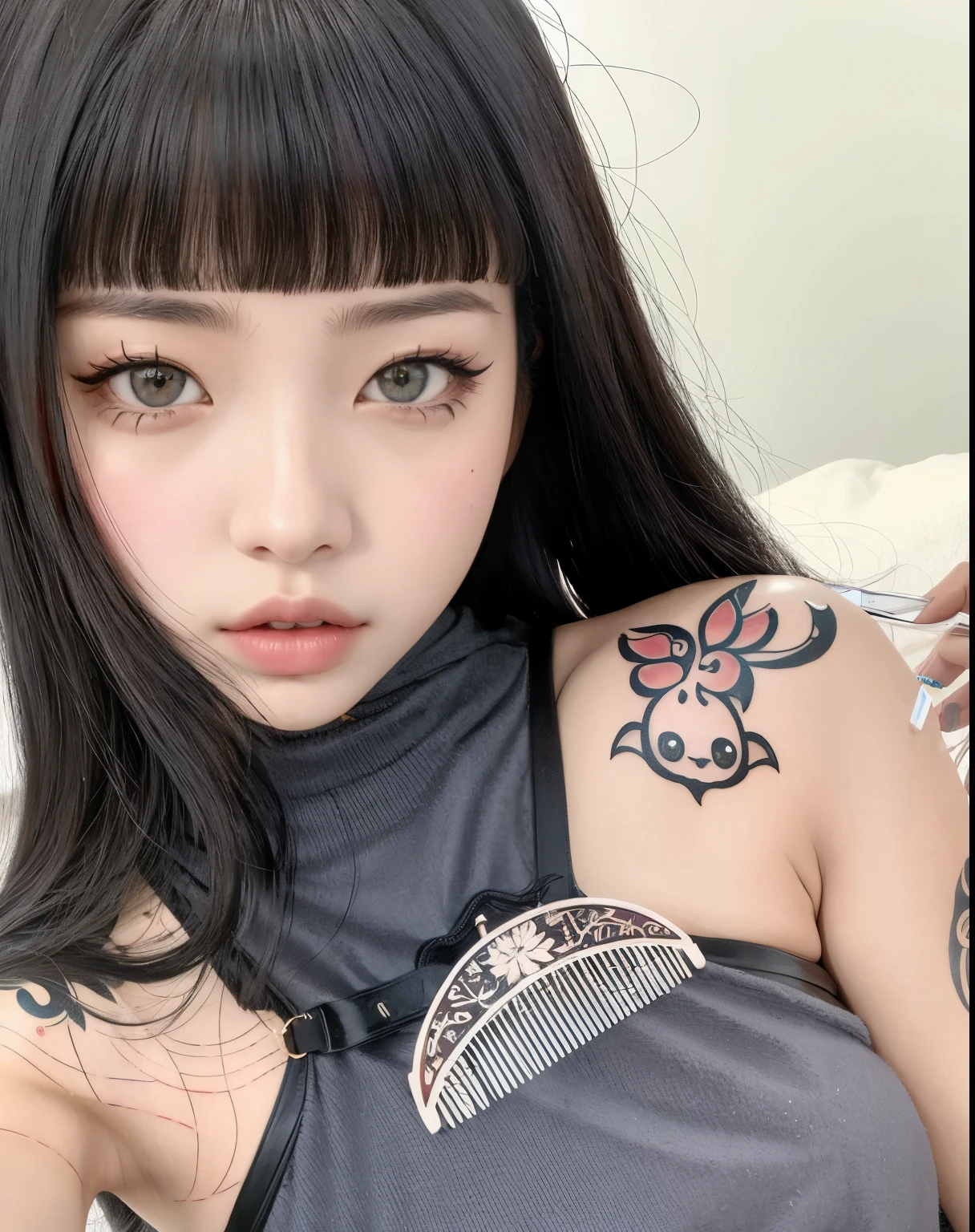 There's Jennie with a tattoo on her arm and a comb, dilraba dilmurat, ultrarrealista doce coelhinho menina, de menina taiwanesa com tatuagens, linda Delphine, anime manga robot!! tatuagem do gato, Ela tem cabelo preto com franja, Menina anime na vida real, Ela parece uma mistura de Grimes, Lalisa Manobal, arte fofa, jennie blackpink