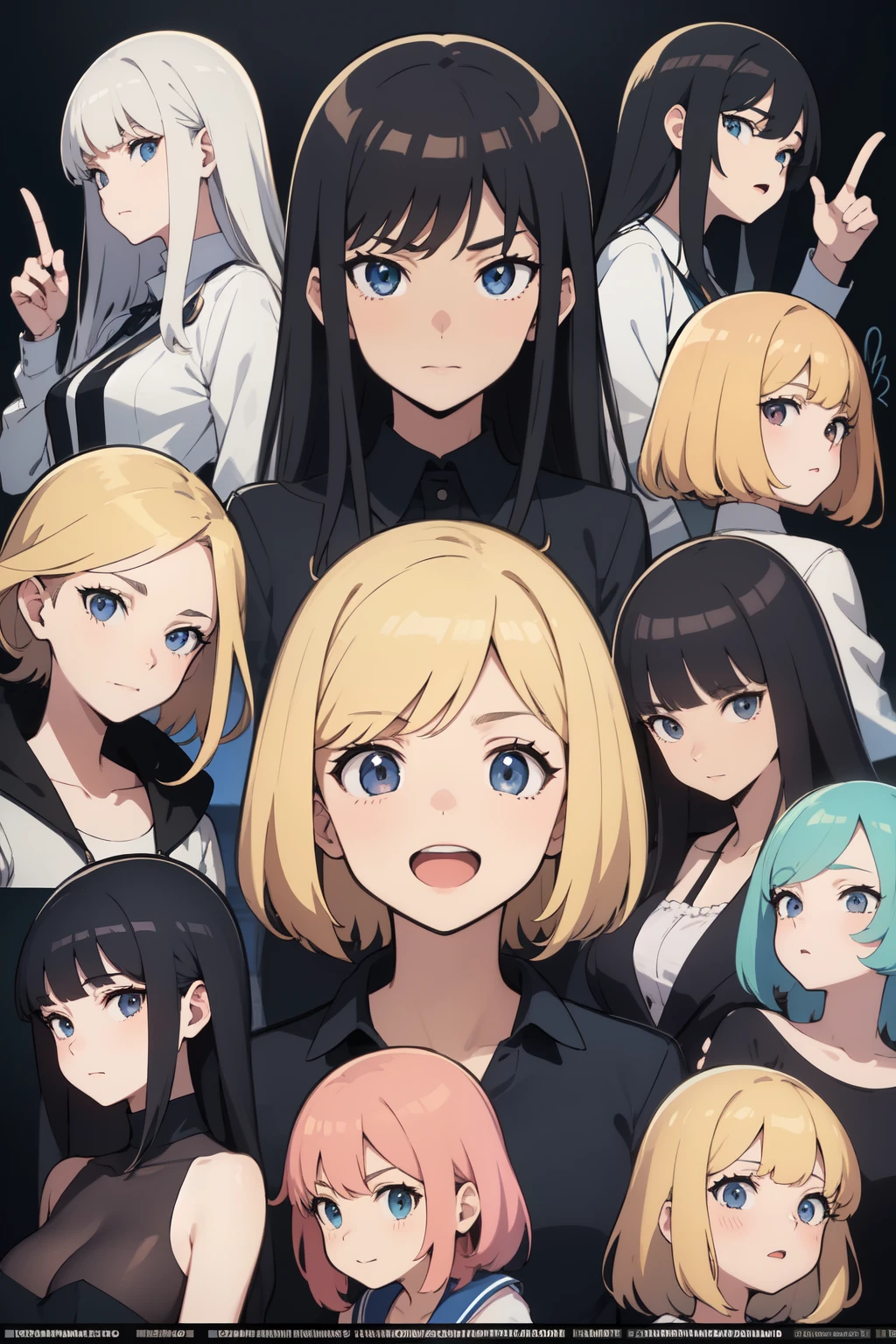 ((La mejor calidad)), ((Obra maestra)), (Detallado), personajes anime, blanco y negro, grupo de personas anime, different and unique designs, manga anime, portada manga anime, rostro perfecto, manos bien hechas, sin color, todo detallado, perfecto, calidad 1080p, chicos y chicas de apariencia misteriosa, varias personas posando para una foto grupal