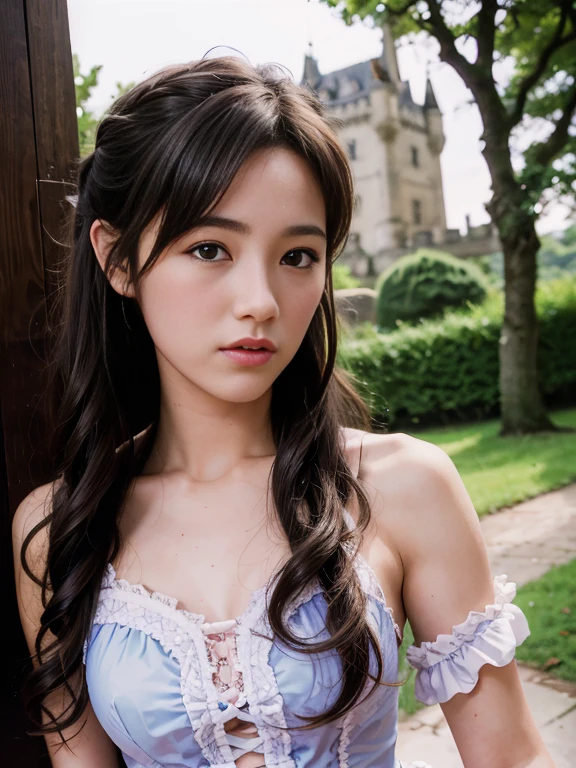 （8K， RAW photoest qualtiy， tmasterpiece：1.2），（realisticlying， photograph realistic：1.4)
Lolita costume，Lace， Aerith Gainsborough， The upper part of the body， undergarmentposed bare shoulders， do lado de fora， Old castle， high high quality， Adobe Lightroom， highdetailskin， looking at viewert，