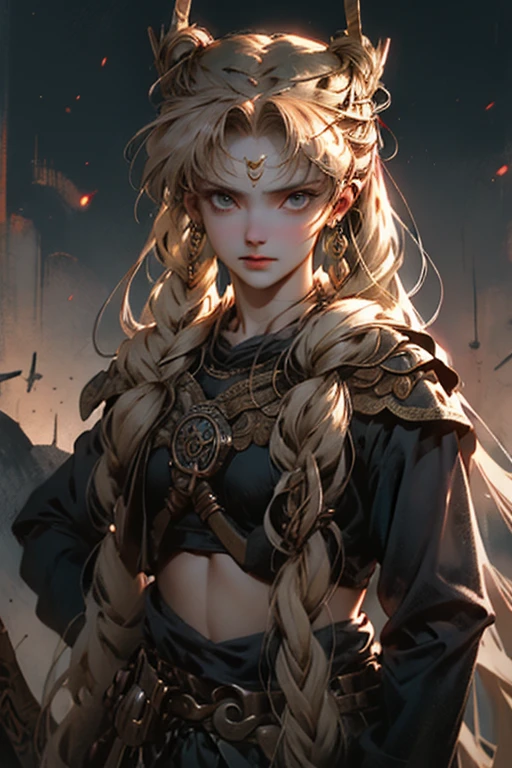 (Mujer vikinga:1.2),(Pintura de guerra en la cara), Maquillaje guerrero, (ojos verdes:1.1),(muscular),(Abrigo),(falda de piel),(pants),(auburn hair color:0.9),(Peinado vikingo),(loose hair with small braids on the scalp), (top con correa de cuero) plumaje, capa sobre el hombro, spaulderlue, traje gris y marron:1.2), guerrero
