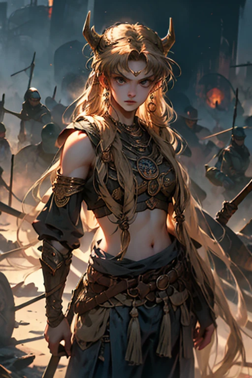 (Mujer vikinga:1.2),(Pintura de guerra en la cara), Maquillaje guerrero, (ojos verdes:1.1),(muscular),(Abrigo),(falda de piel),(pants),(auburn hair color:0.9),(Peinado vikingo),(loose hair with small braids on the scalp), (top con correa de cuero) plumaje, capa sobre el hombro, spaulderlue, traje gris y marron:1.2), guerrero