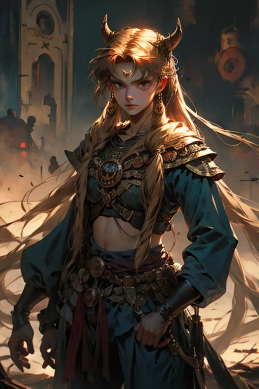 (Mujer vikinga:1.2),(Pintura de guerra en la cara), Maquillaje guerrero, (ojos verdes:1.1),(muscular),(Abrigo),(falda de piel),(pants),(auburn hair color:0.9),(Peinado vikingo),(loose hair with small braids on the scalp), (top con correa de cuero) plumaje, capa sobre el hombro, spaulderlue, traje gris y marron:1.2), guerrero