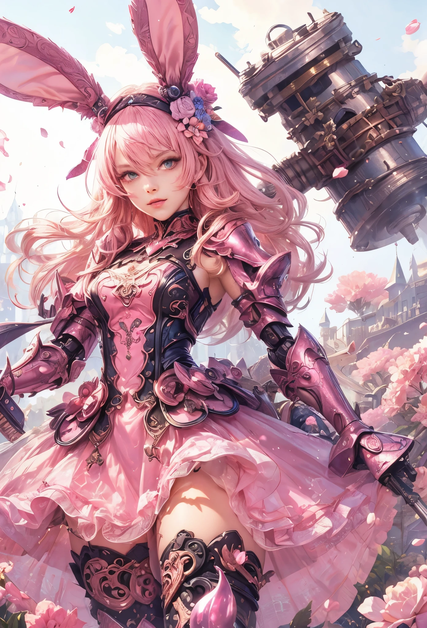 (Detailed illustrations,Very detailed and detailed drawing,Delicate lines with slow and rapid,Realistic texture expression),[Color tressed main line],(Battlefield of Fantasy World [Burning castle]),(GIRL ROBOT (Pink rabbit [METALFACE])) [WEAPON MACHINE],(([petal] Metal Dress [frilld]) [Floral pattern] [Clear pink translucent armor covering the body surface]) [bow ribbon]) [Energy tube glowing at the joint],[use a sledgehammer as a weapon],[[Mobile Weapon Gigant Size][Science Fiction Mechanical]],(Metallic luster at metal),(Intricate and beautiful decoration [Dense detail]),,[Perfect eye details (Iris beautifully drawn in every detail)[Jewel-like eyes]],[long and beautiful eyelashes],[Meticulously drawn hair [More on beautiful and shiny hair]],(Perfect hand details [Beautiful fingers without breakdowns [Beautiful nails]]),(Perfect Anatomy(Perfectly proportioned))[[Full body like]],[Ideal color coordination(Accurate simulation of light-material interactions)],[Visual art that conveys a sense of narrative].