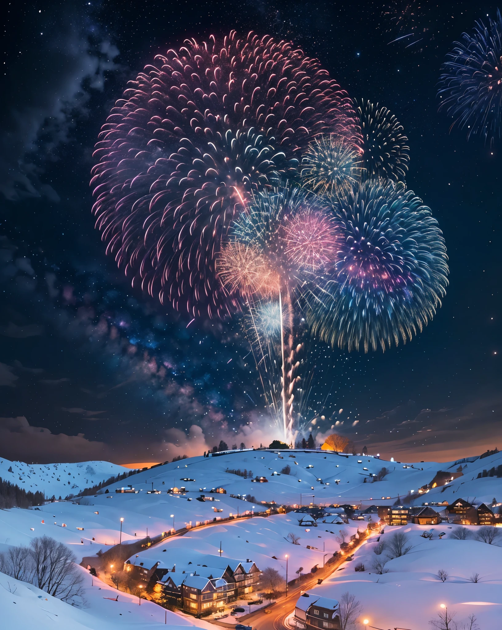 The night sky is deep blue and dotted with countless twinkling stars. A colorful fireworks display lights it up, and the glowing lines paint a spectacular picture over the city. "Happy New Year 2024" shines in vibrant colors in the sky, while the silhouettes of people below cheerfully welcome the new year. --auto --s2