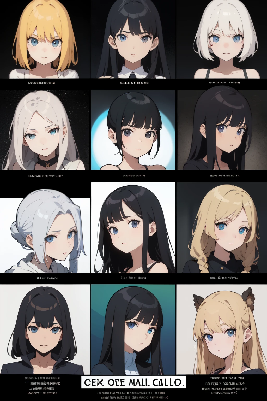 ((La mejor calidad)), ((Obra maestra)), (Detallado), personajes anime, blanco y negro, grupo de personas anime, different and unique designs, manga anime, portada manga anime, rostro perfecto, manos bien hechas, sin color, todo detallado, perfecto, calidad 1080p, chicos y chicas de apariencia misteriosa, varias personas posando para una foto grupal, diferentes cuadros con diferentes personajes