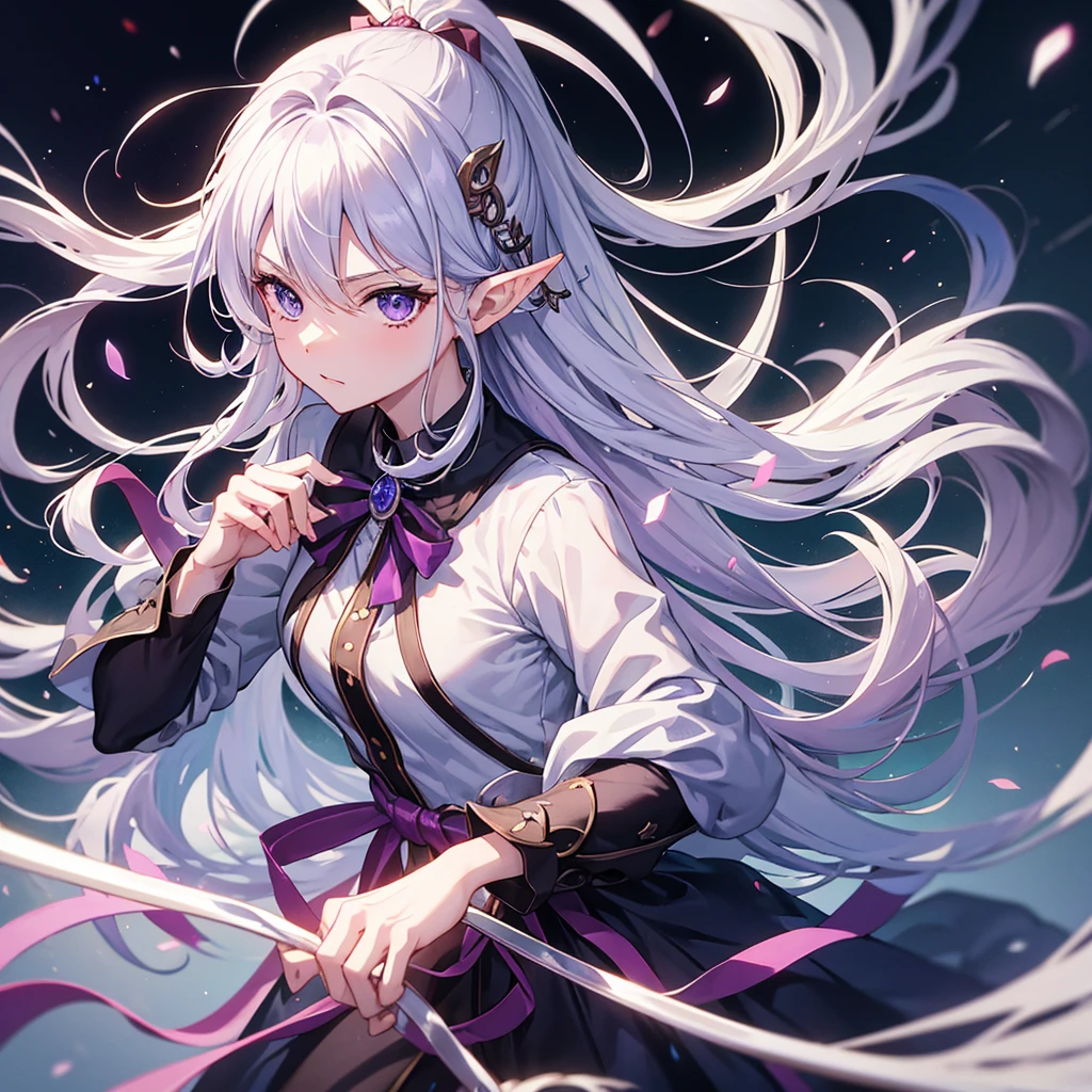 masutepiece, Best Quality,Best fingers、best hand、With long silver hair,elvish、a purple eye、battleing,Shoot a bow、Dynamic Pose, Dynamic Angle,Run on the battlefield