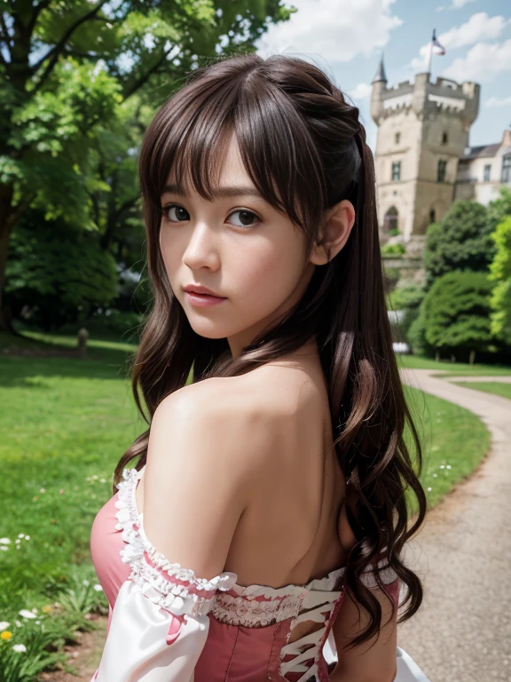 （8K， RAW photoest qualtiy， tmasterpiece：1.2），（realisticlying， photograph realistic：1.4)
Lolita costume，Lace， Aerith Gainsborough， undergarmentposed bare shoulders， do lado de fora， Old castle， high high quality， Adobe Lightroom， highdetailskin， looking at viewert，