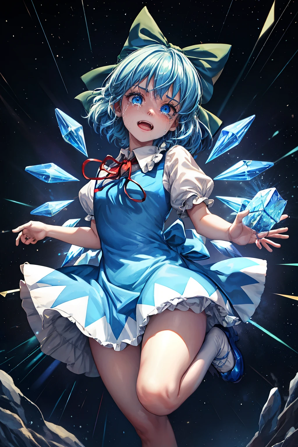 (masterpiece, top quality, best quality, beautiful and aesthetic:1.2), cirno_touhou, blue_hair, bow, hair_bow, short_hair, wings, ice, blue_bow, ice_wings, blue_eyes, bangs, blush, smile, open_mouth, hair_between_eyes, ribbon, neck_ribbon, full body, japanese architecture, surprised, :o, beam, laser, glaring body, open box, box, open mouth, jaw drop, wide-eyed, panicking, horrified, screaming, sobbing, traumatized, turn pale, wavy mouth, glowing, glow, outer glow