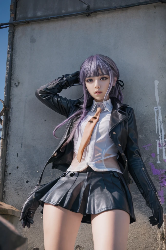 photo Realistic, masutepiece, Realistic, High contrast, hyper Detailed, Best Quality, 超A high resolution, photo Realistic, High resolution, Detailed, Raw photo, Kyoko Kirigiri, Long hair, Purple hair, Side braid, Blunt bangs, Hair Ribbon, a black ribbon, High collar, Brown tie, Black Leather Motorcycle Jacket, Long sleeves, Black leather gloves, Black mini skirt, Pleated skirt, Black long boots, Full Shot, Danganronpa \(Series\), Street, Full Shot, Looking at Viewer, White shirt, Woman, (((From below))), Busy city, foreshortening, (Pose Seductive), Looking at Viewer, mad, (eyecontact), japanaese girl,