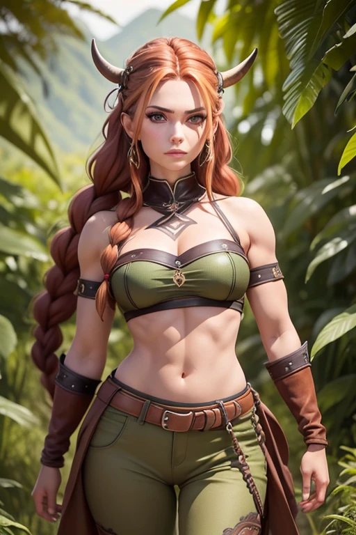 (Mujer vikinga:1.2),(Pintura de guerra en la cara), Maquillaje guerrero, (ojos verdes:1.1),(muscular),(Abrigo),(falda de piel),(pants),(auburn hair color:0.9),(Peinado vikingo),(loose hair with small braids on the scalp), (top con correa de cuero) plumaje, capa sobre el hombro, spaulderlue, traje gris y marron:1.2), guerrero