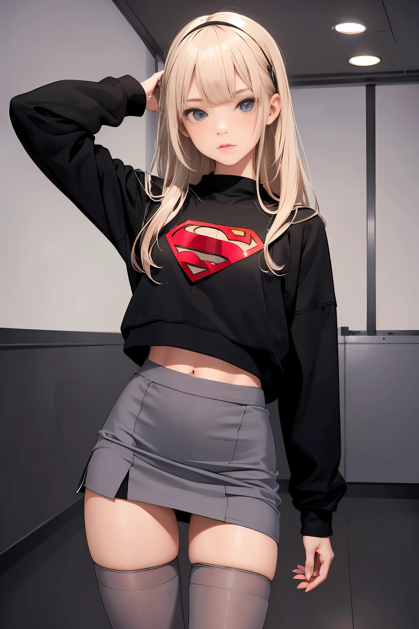 A girl wearing a sweatshirt, shorter pants, ((look from down)), Long stockings or pantyhose, ((Superskirt)), medium, pair,

(The is very detailed), (The details of the face are perfect), (Detailed hands), photorealistic image.