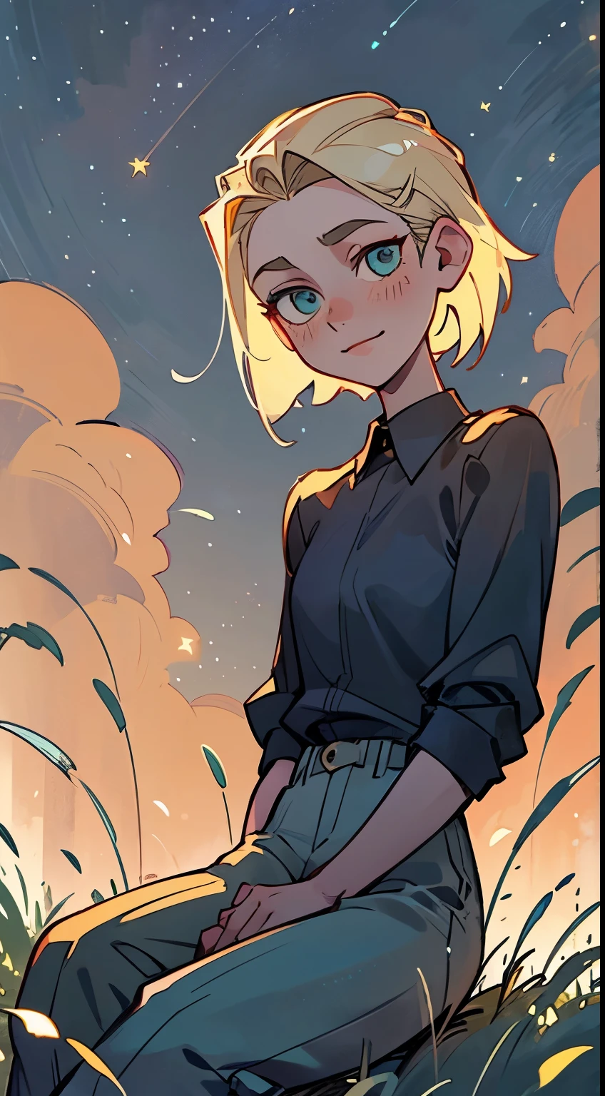 guy, short blond hair slicked back, in a loose shirt and trousers sits cross-legged in the grass, head raised up;, A slight smile, Fireflies, Shining stars, night sky, detailing, 4k, hd, view from the grass, view from bottom