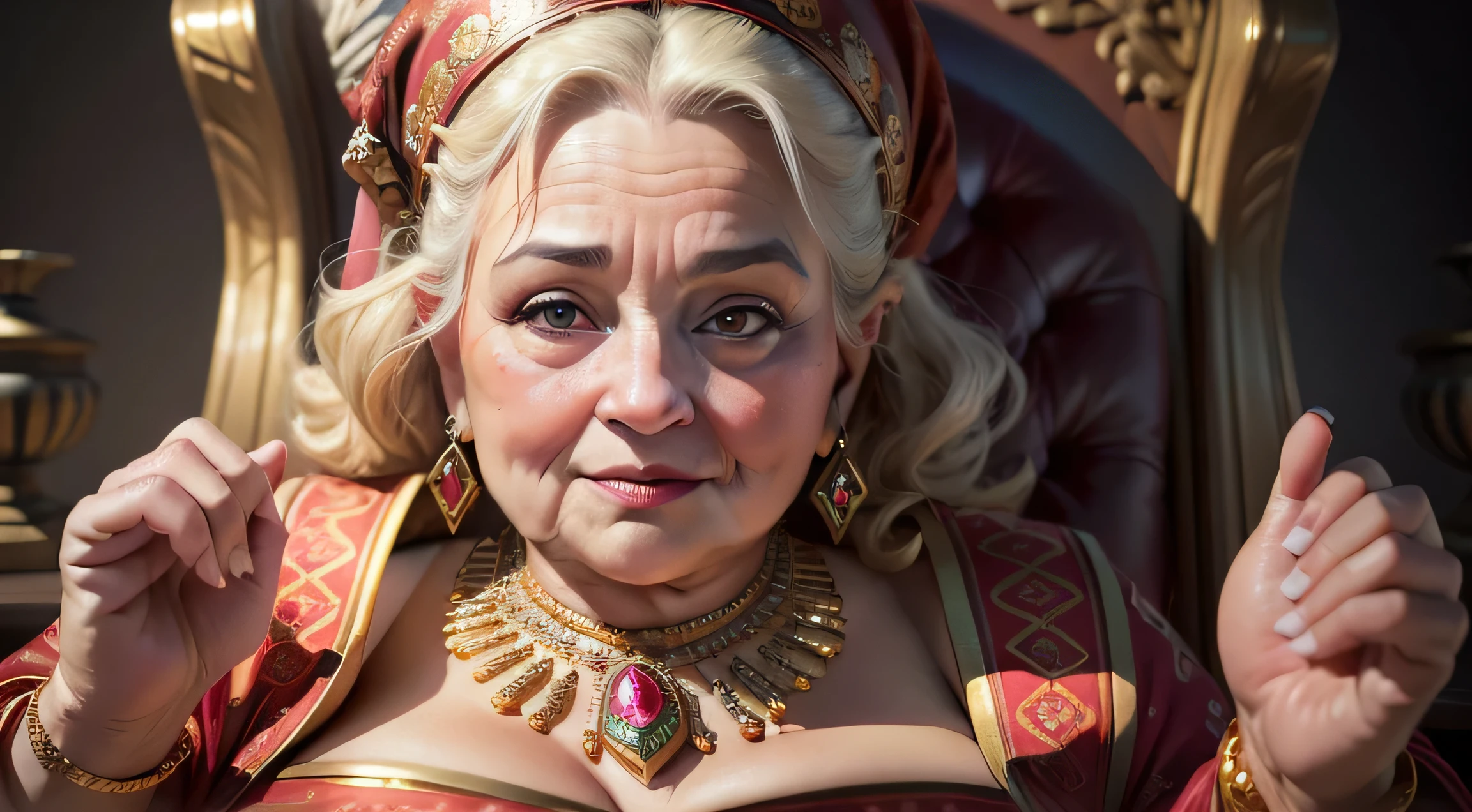 tmasterpiece: 1.2, Best quality at best), actual, (Authentic images, Complicated details, depth of fields), (1 old fat woman, Alone), perfect lips, The content is very detailed, It's a perfect face, (skin dentition), throne behind background, Various hero poses, wearing beautiful clothes,Wear gem-encrusted necklaces and earrings,looking at the camera in