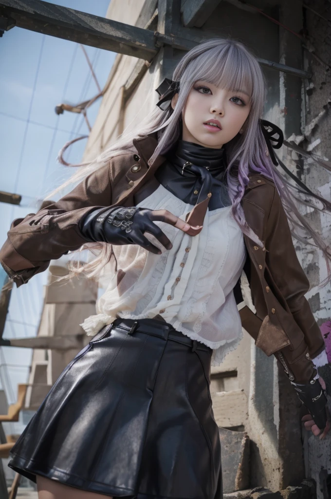 photo Realistic, masutepiece, Realistic, High contrast, hyper Detailed, Best Quality, 超A high resolution, photo Realistic, High resolution, Detailed, Raw photo, Kyoko Kirigiri, Long hair, Purple hair, Side braid, Blunt bangs, Hair Ribbon, a black ribbon, High collar, Brown tie, Black Leather Motorcycle Jacket, Long sleeves, Black leather gloves, Black mini skirt, Pleated skirt, Black long boots, Full Shot, Danganronpa \(Series\), Street, Full Shot, Looking at Viewer, White shirt, Woman, (((From below))), Busy city, foreshortening, (Pose Seductive), Looking at Viewer, mad, (eyecontact), japanaese girl,