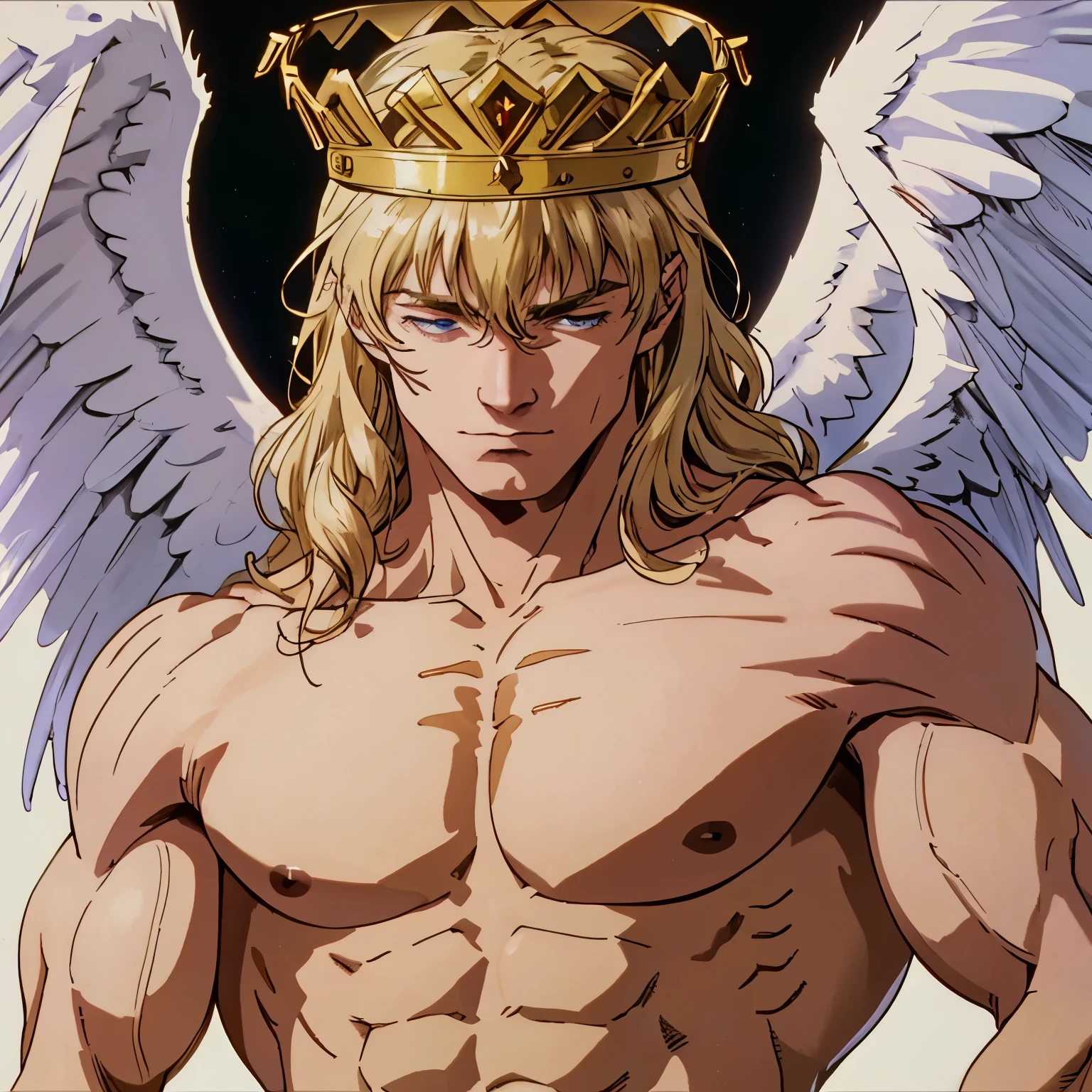 A muscular blond man with angel wings and a crown