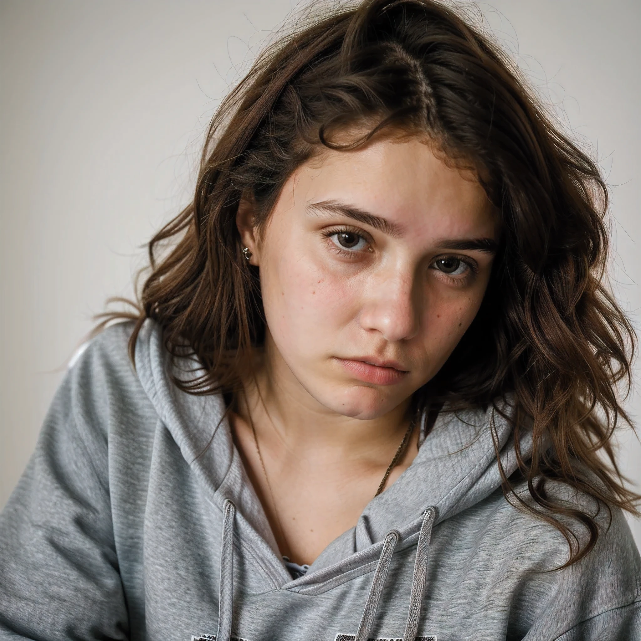 portrait of one average looking 18 year old woman, wearing basic worn and battered hoodie, worried look, medium brunette messy hair, close up face shot