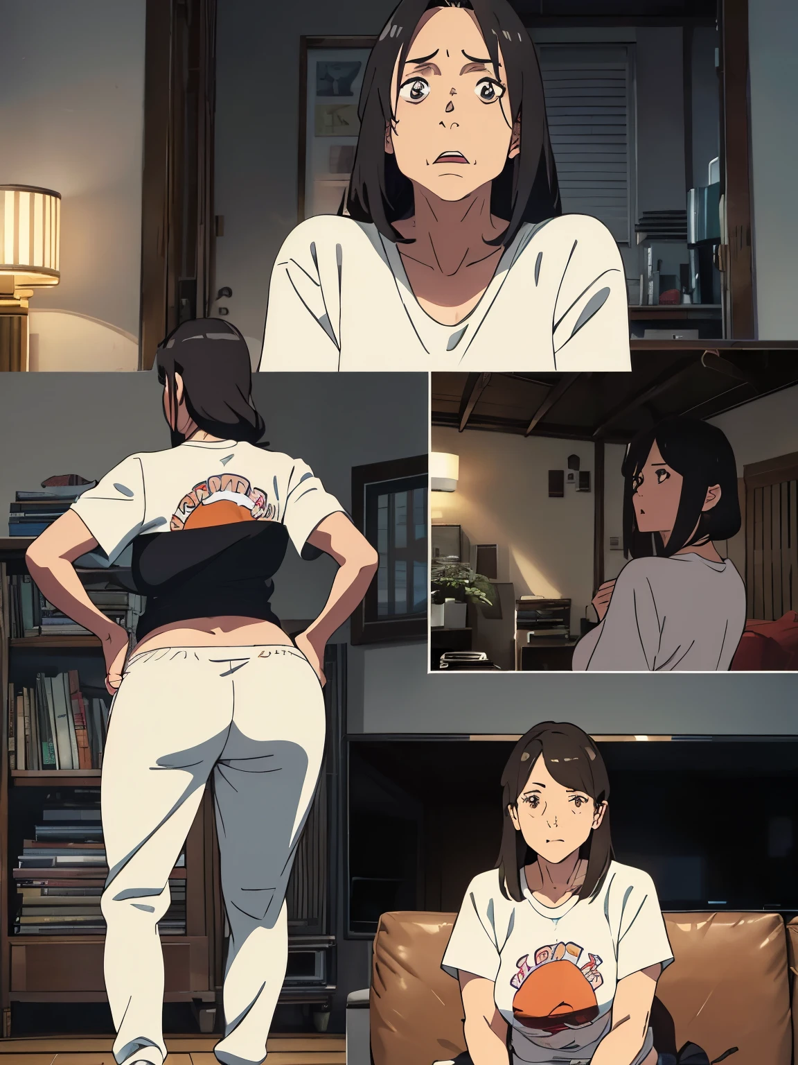 ((Best Quality,4K,8K,masutepiece)), 1mother, T-shirt, sweat pants, room slipper, sofa, A woman is sitting on the sofa and watching TV, (CharacterDesignSheet:1.3, Same character, front, Side, Back,Various expressions) , (multiple views), from below, (Anime style:1.3), (hyperdetailed body), (hyperdetailed Face), (Narrow eyes), (((tareme))), (((Mother:1.3))), (Mature Woman),(woman, 50 years old), (Large breasts:1.1), (Large buttocks:1.2), sagging breasts, droopy chest, Swaying breasts, bouncing breasts, Natural wrinkles, wrinkled Face, (Plump body:1.3), Chubby, Voluptuous, Dark hair, medium bob hair, Forehead, long Face, at night, living room, apartment, Moody lighting, Japanese anime, (full body:1.3), (open mouth:1.3), looking back,