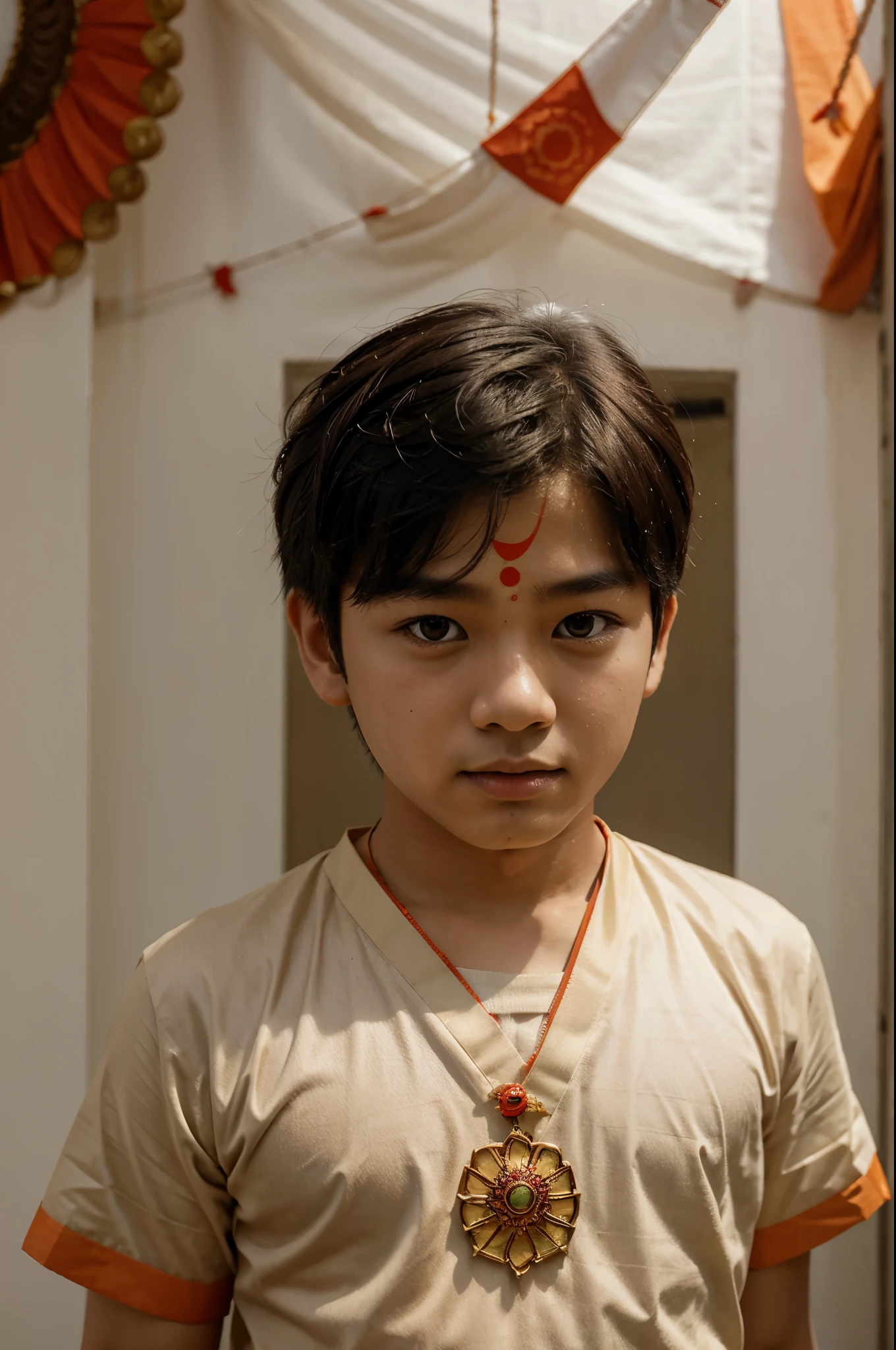 Make a image of a Korean boy with Indian Hindu tilak on forehead in bhagwa clothes