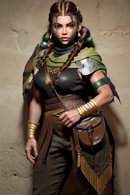 (Mujer vikinga:1.2),(Pintura de guerra en la cara), Maquillaje guerrero, (ojos verdes:1.1),(muscular),(Abrigo),(falda de piel),(pants),(auburn hair color:0.9),(Peinado vikingo),(loose hair with small braids on the scalp), (top con correa de cuero) plumaje, capa sobre el hombro, spaulderlue, traje gris y marron:1.2), guerrero