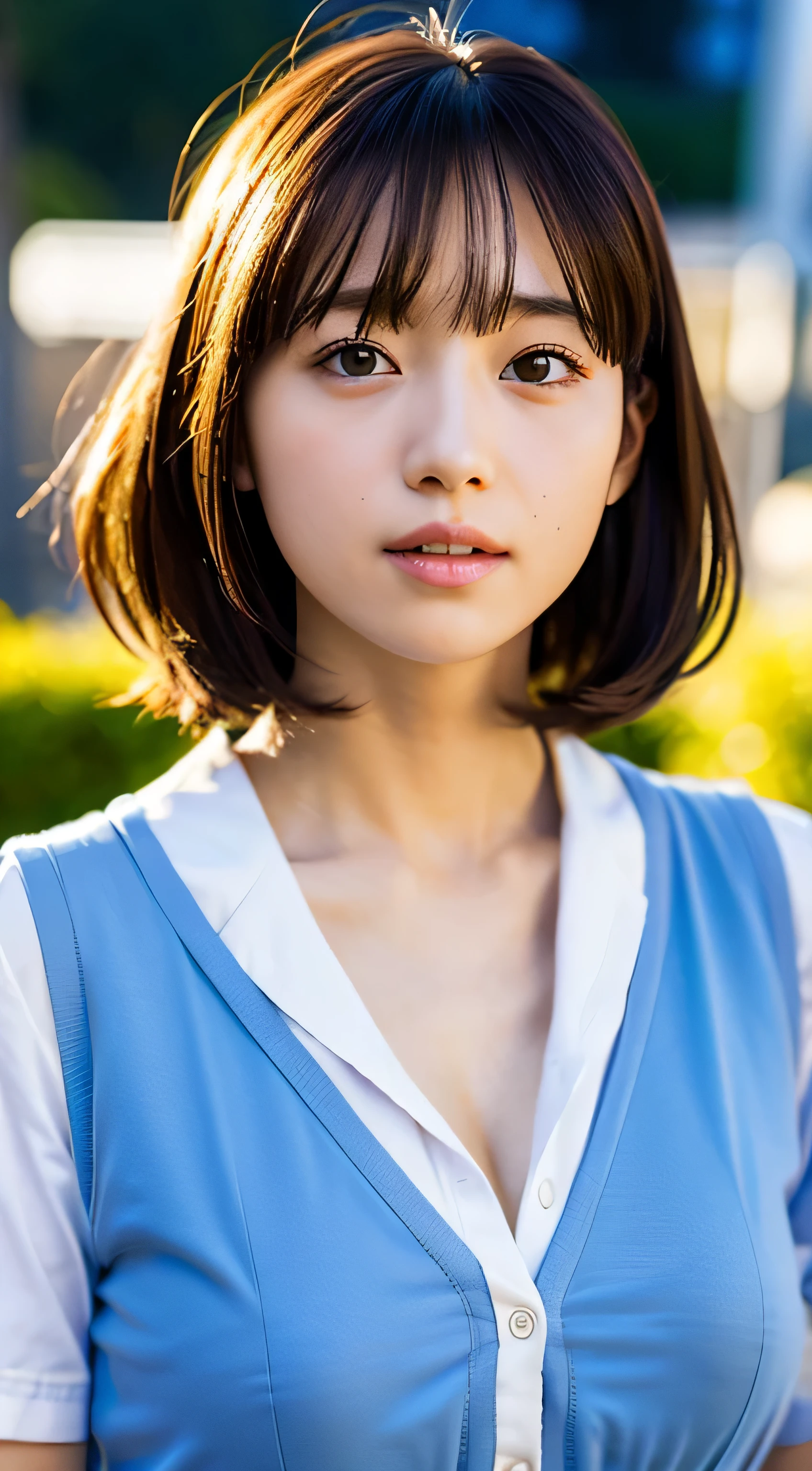 women's pictures（wearing japanese school uniform_outfit），Good Hand 4K、hight resolution、masutepiece、Best Quality，Head：1.3，（（Hassel Plad Photos）、thick skin around the chest、（Cinematic lighting）、Night、Soft lighting，Dynamic Angle、［（Detailed face：1.2）：0.21.medium breasts（（school beautiful japan、short-cut、Infant face