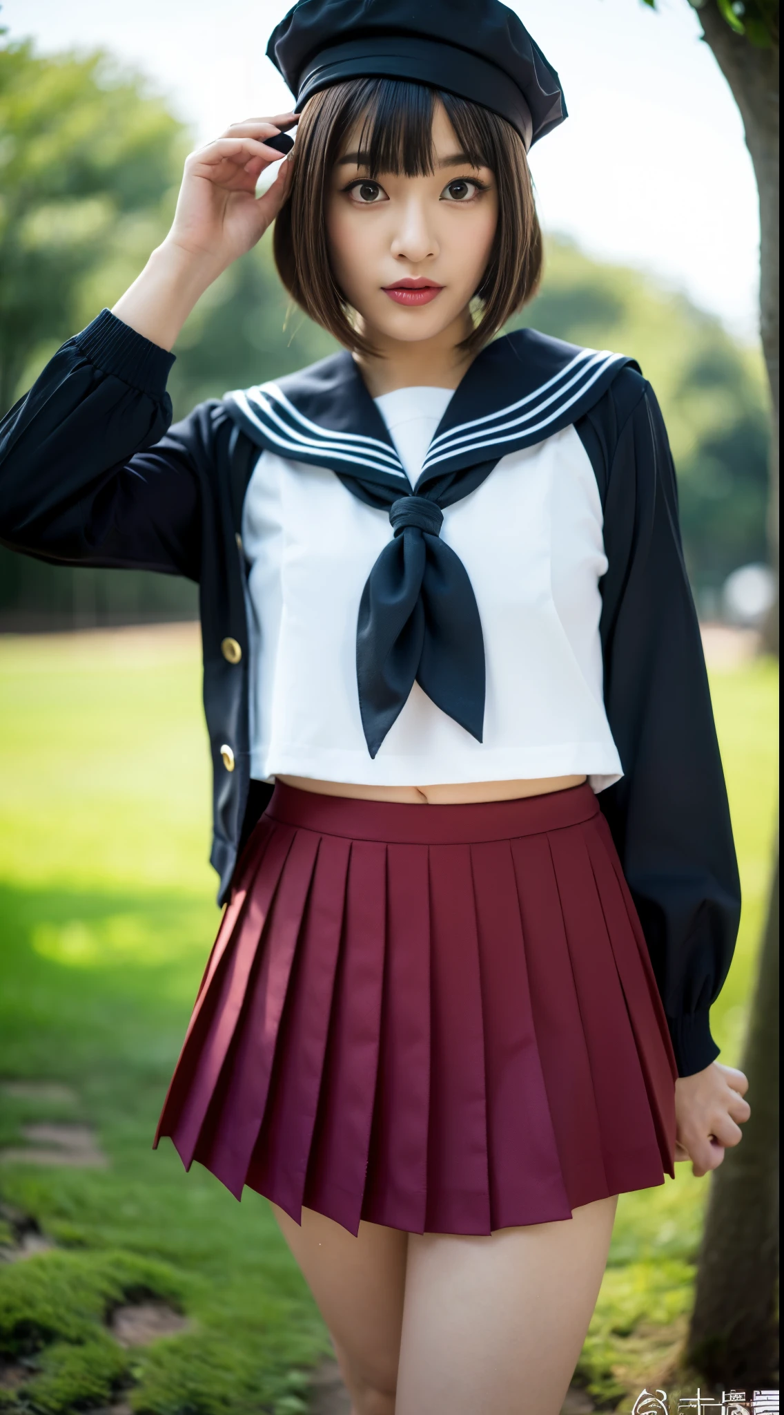 ((highest quality、8k、masterpiece:1.3)),((((fullbody shot)))),Ultra-high resolution,big eyes,Japanese,forehead,bangs,(a girl),(1 girl),((16 years old)),((cute)),pretty,((facing at viewer)),(long hair),(((black sailor uniform))),grin,((standing)),(loafers),(pleated mini skirt),(from above)